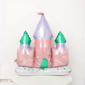 Detail of princess castle foil balloon with dreamlike pink and purple patterns for parties