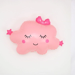 Ballon en aluminium nuage rose avec visage souriant et nœud à pois pour fête