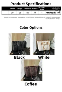 Größentabelle für große PU-Tasche mit Maßen und drei verschiedenen Farboptionen
