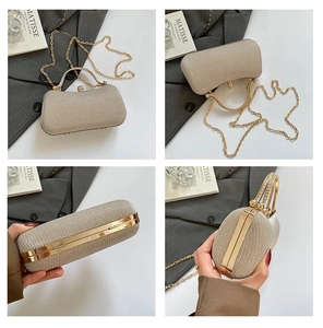 Detailed views of champagne gold glitter clutch bag with metal frame and chain strap
