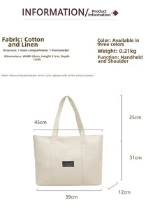 Dimensions détaillées du grand sac cabas en coton et lin avec poche principale