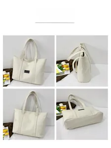 Vue sous quatre angles d'un grand cabas en toile beige avec étiquette Fashion et larges anses