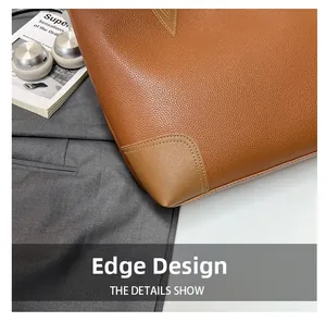 Close-up of brown pebbled leather bag edge design with precise stitching detail