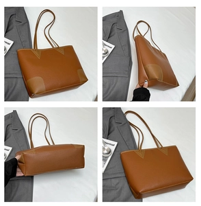 Four-view collage of brown pebbled leather tote bag with stylish corner stitching