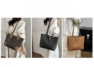 Three large tote bags in dark brown, black, and tan leather shown with a fashion model