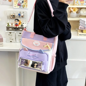 Süße Katzenohr Nylon Farbblock Ita Tasche Große Kapazität Klarsichtfenster Tote Bag Für Schüler Täglich Schule Umhängetasche