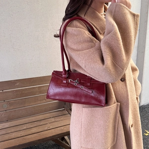 Retro burgundy underarm bag for women with glossy finish and silver metal buckle decor