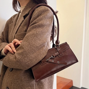 Retro dark brown leather baguette bag with metal eyelet strap for women's office wear