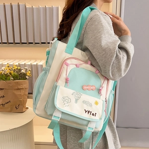 Large student tote bag with mint green contrast and cute cartoon embroidery accents