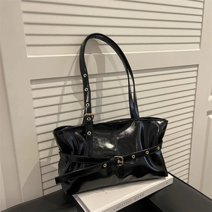 Women Shiny PU Leather Tote Bag Large Capacity Underarm Shoulder Bag With Belt Buckle Eyelets Commuting Handbag