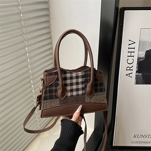 Sac à Épaule Épissage Plaid Vintage Pour Femmes Sac à Main à Carreaux Rétro Sac à Bandoulière Mode Avec Bandoulière Réglable