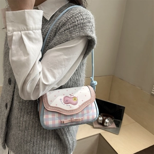 Fresh plaid crossbody bag in blue and pink with cherry patch for sweet casual daily style