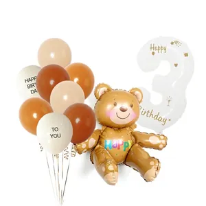 3rd birthday balloon set with teddy bear foil balloon and cream latex party decorations
