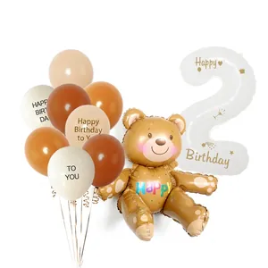 Brown bear birthday balloon set with white number 2 and assorted latex balloons