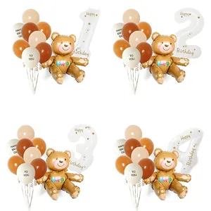 Teddy Bear Birthday Balloon Aluminum Foil Number Latex Balloons Earthy Tones Party Decoration Accessories For Children
