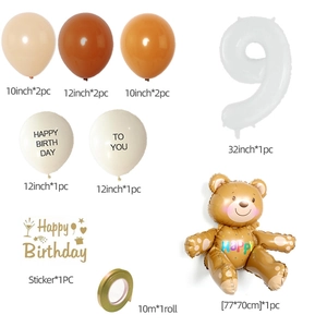 Teddy bear birthday party balloon set with brown latex balloons and number 9 foil balloon
