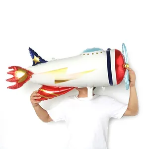 Large white airplane foil balloon with red wings and lightning pattern for party decor