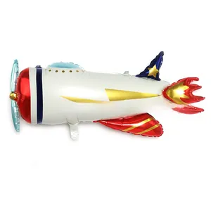 Airplane foil balloon with white body, red nose and lightning pattern for party decor