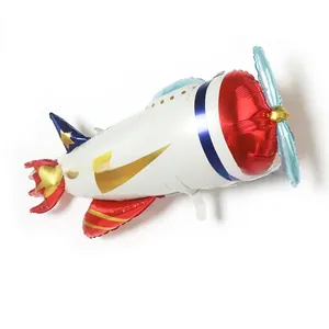 White airplane foil balloon with red nose and propeller for birthday party decorations