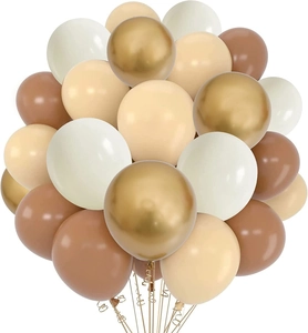 Detail of coffee brown and cream balloons with gold accents for birthday party decor