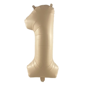 Detailed view of cream number 1 foil balloon with top and bottom hanging tabs