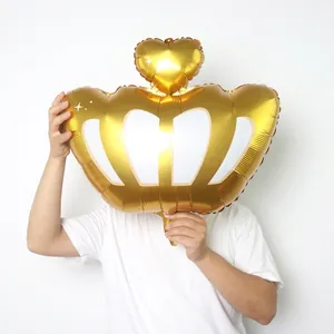 Golden crown foil balloon with heart top and white star patterns for birthday party decor