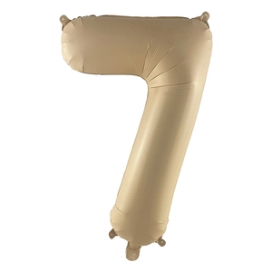 Detailed view of matte cream number 7 foil balloon with hanging tabs for party decor