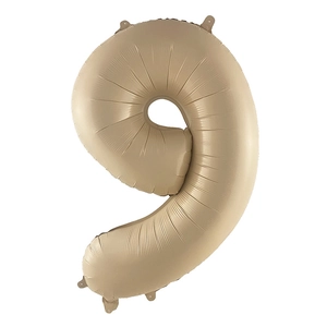 Detailed view of cream-colored number 9 foil balloon for birthday party decorations