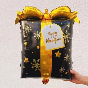 New Year Gift Box Foil Balloon Black Gold Happy New Year Banner Decoration Party Supplies Large Aluminum Film Balloon