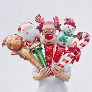 Christmas Handheld Foil Balloon Sticks Santa Snowman Reindeer Gingerbread Man Candy Cane Inflatable Holiday Party Props Kids Gifts