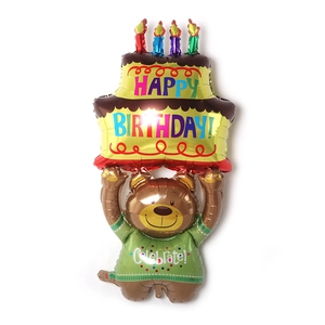 Detailed view of bear holding cake foil balloon with Happy Birthday print for party decor