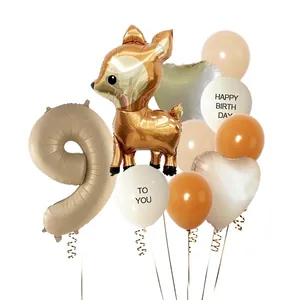 Set de ballons cerf de la jungle et numéro 9 beige pour décoration d'anniversaire enfant