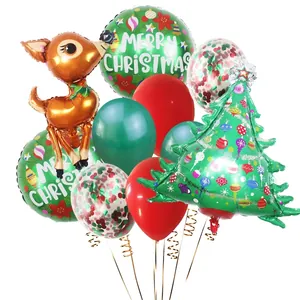 Detailed Christmas balloon set with reindeer, tree foil balloons and red green latex decor