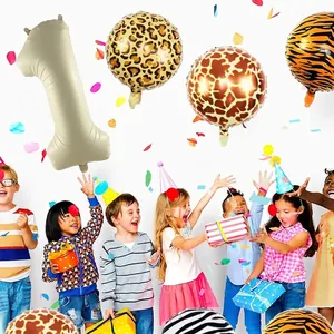 Animal print safari balloon kit with cream number one for first birthday party decor