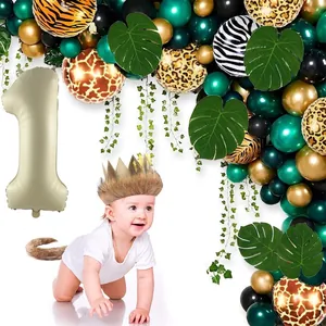 Jungle safari party balloon set with animal prints, latex balloons and number 1 foil balloon