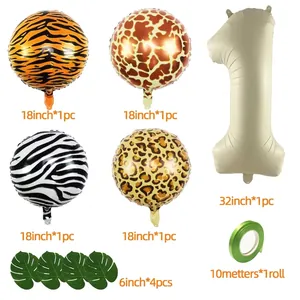 Jungle theme party balloon set with 18-inch animal print foils and cream number 1 balloon