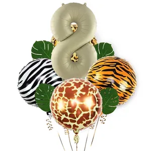Animal print birthday balloon set with cream number 8 and jungle safari theme leaves