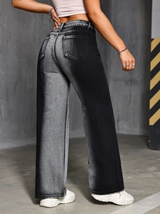 Rear view of women's high-waisted wide-leg jeans with black-grey gradient wash detail