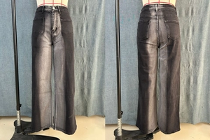 Front and back view of washed black wide-leg jeans with retro high-waist double pockets