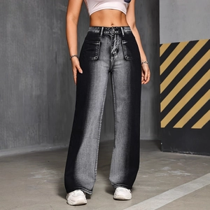 Women's High Waisted Wide Leg Jeans Bleached Contrast Color Acid Wash Gradient Streetwear Loose Straight Denim Pants