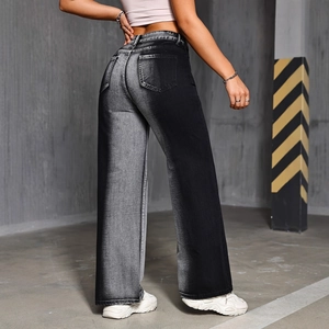Women's high waist wide leg jeans featuring a unique black and grey contrast color design