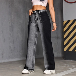 Relaxed high-waisted wide-leg jeans with black-grey gradient and double front pockets