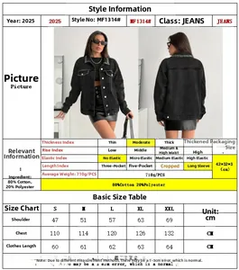 Detailed size chart for beaded denim jacket with 80% cotton and 20% polyester blend