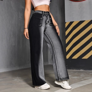 Women's high waist wide leg jeans in black-grey gradient wash with cargo pockets