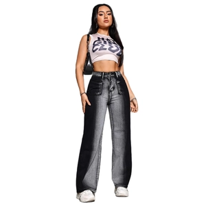 Womens high waist wide leg jeans with unique black and grey gradient wash and loose fit