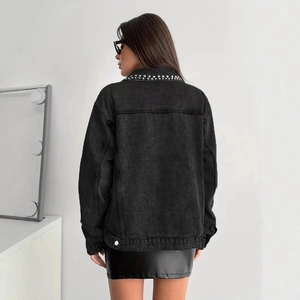 Oversized dark gray denim jacket with studded collar and adjustable back hem for women