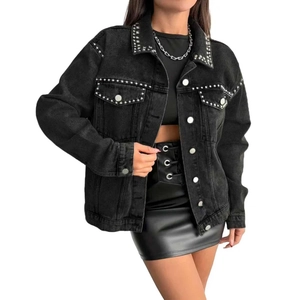 Women black washed denim jacket with silver metal stud trim on collar and chest pockets