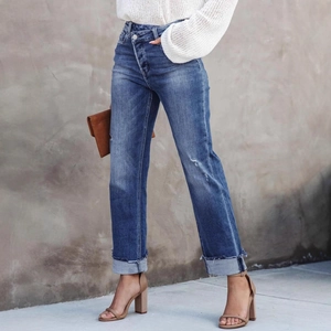 Jeans Femme Taille Haute Jambe Droite Lavage Déchiré Taille Croisée Pantalon Denim Ourlet à Revers Streetwear Urbain