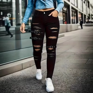 Jeans Skinny Déchirés Noirs pour Femmes Taille Haute Punk Streetwear Pantalons en Denim Distressed Avec Boucles Métalliques