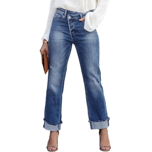 Jean droit taille haute pour femme avec taille asymétrique et ourlets roulés bleu vintage